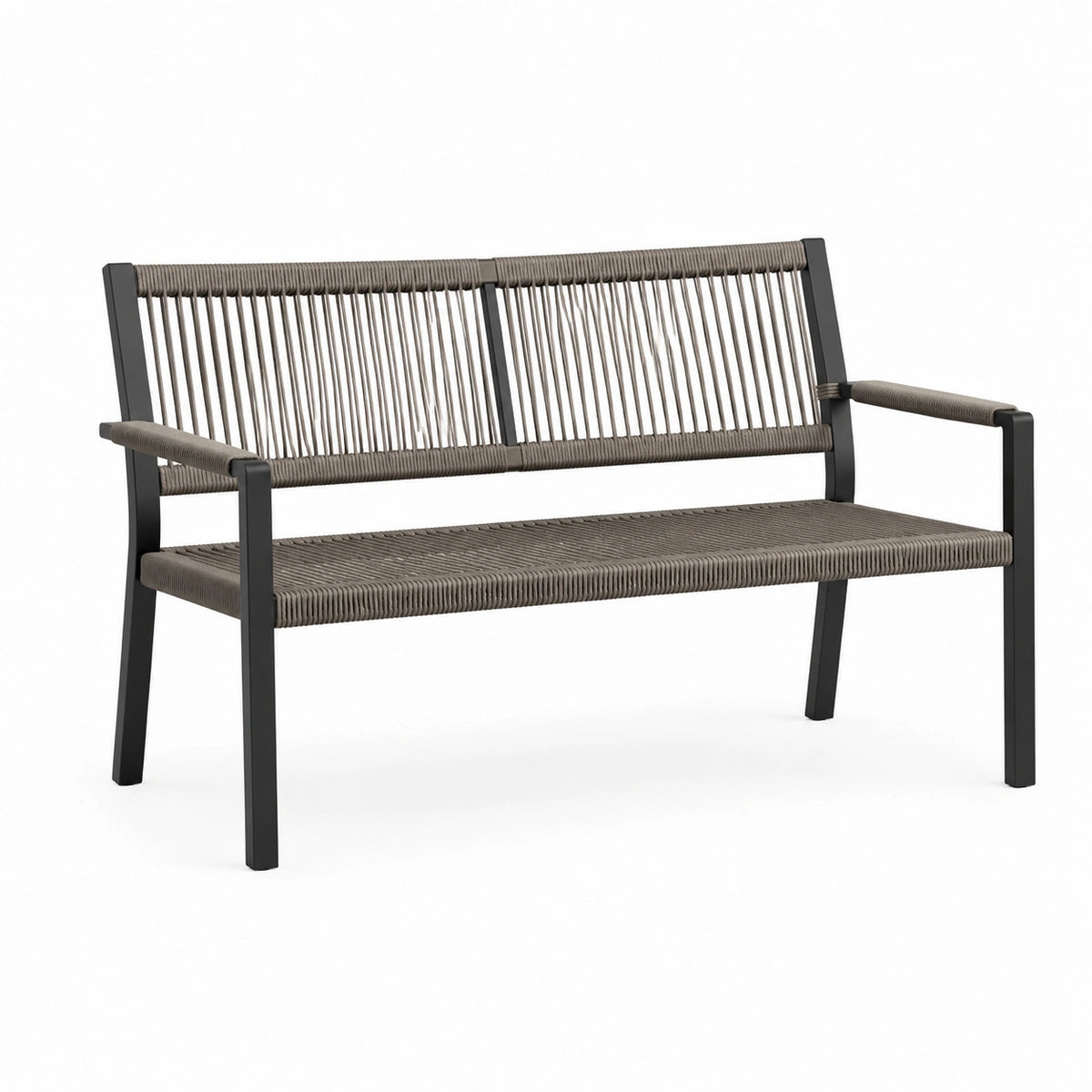Gartenbank mit Armlehnen aus Metall und Seilgeflecht, 123 x 62 x 80 cm, Schwarz/Taupe