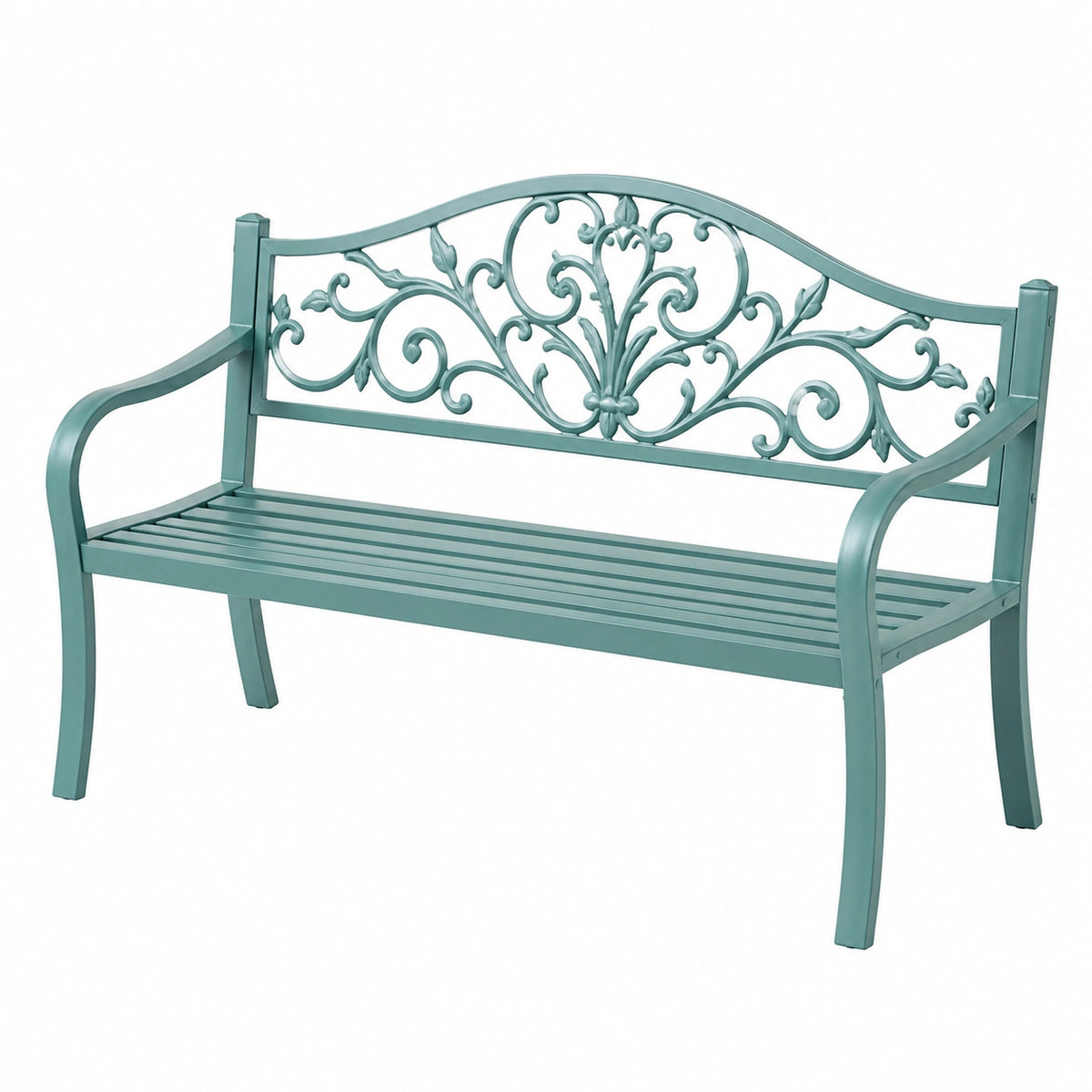 Metall-Gartenbank in Türkis mit floralem Ornamentdesign, 120 × 60 × 90 cm