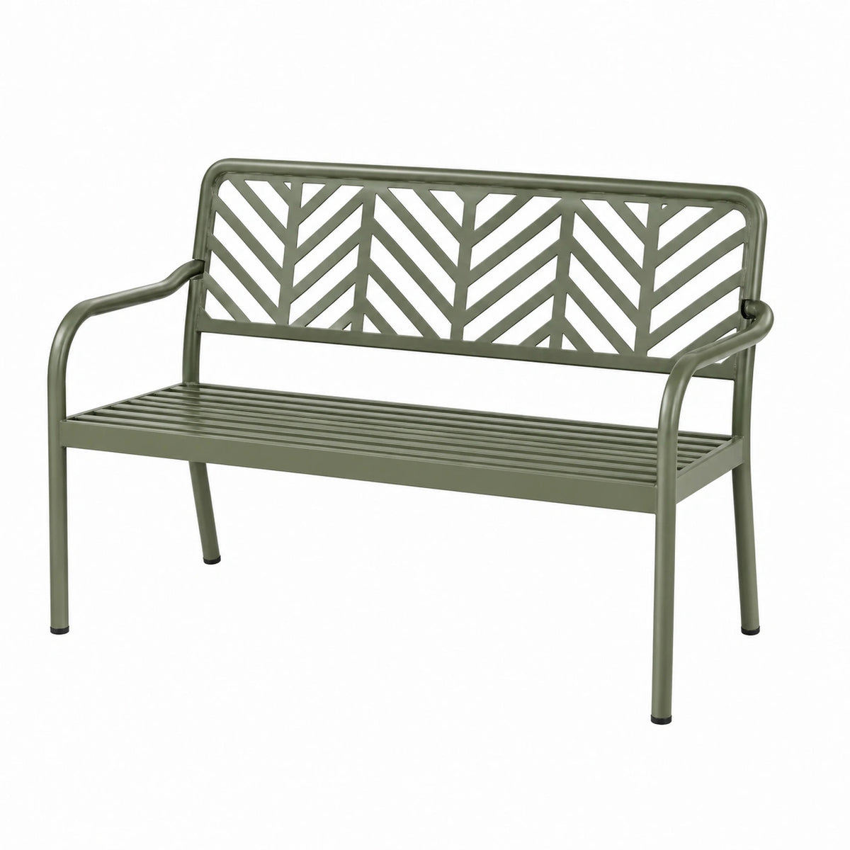 Metall-Gartenbank mit Armlehnen und Blattmuster, 120 × 60 × 85 cm, Olivgrün