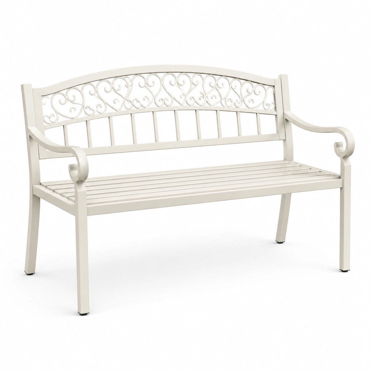 Romantische Gartenbank aus weiß lackiertem Metall, 120 × 60 × 90 cm