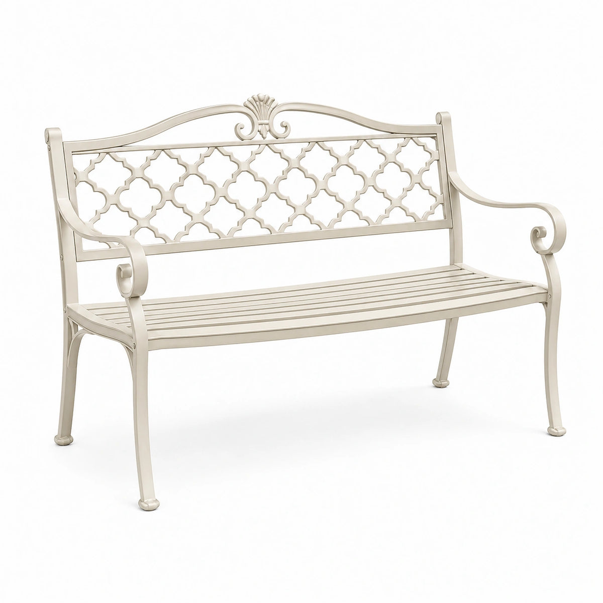 Gartenbank aus Metall in Creme, 125 x 60 x 90 cm, mit ornamentaler Rückenlehne