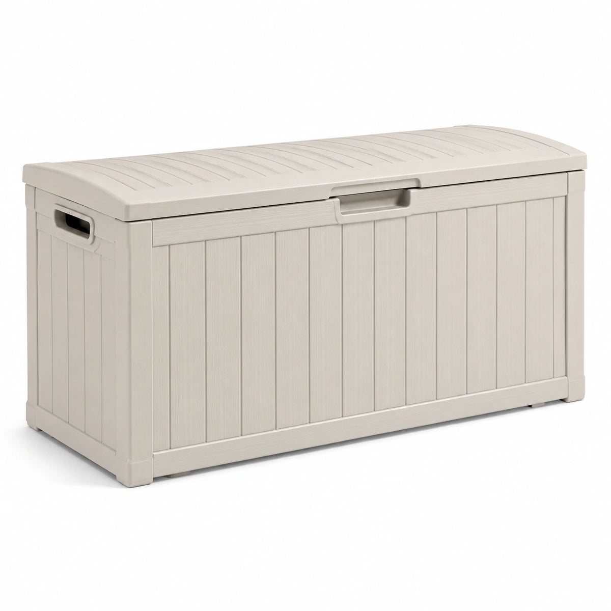 Kunststoff-Aufbewahrungsbox für den Außenbereich, Beige, 120 × 56 × 63 cm, mit zweiteiligem Klappdeckel