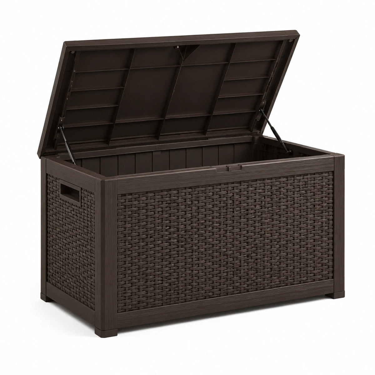 Dunkelbraune Garten-Aufbewahrungsbox aus Kunststoffgeflecht mit Gasdruckfedern, 120 × 60 × 63 cm