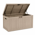 Auflagenbox aus beigem Kunststoff in Holzoptik, 120 × 60 × 63 cm, mit Klappdeckel und Gasdruckfedern