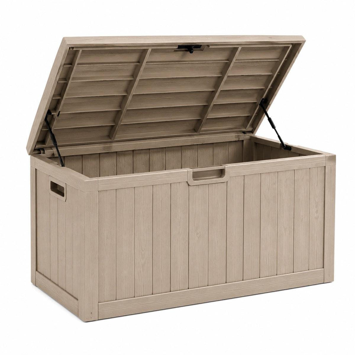 Auflagenbox aus beigem Kunststoff in Holzoptik, 120 × 60 × 63 cm, mit Klappdeckel und Gasdruckfedern