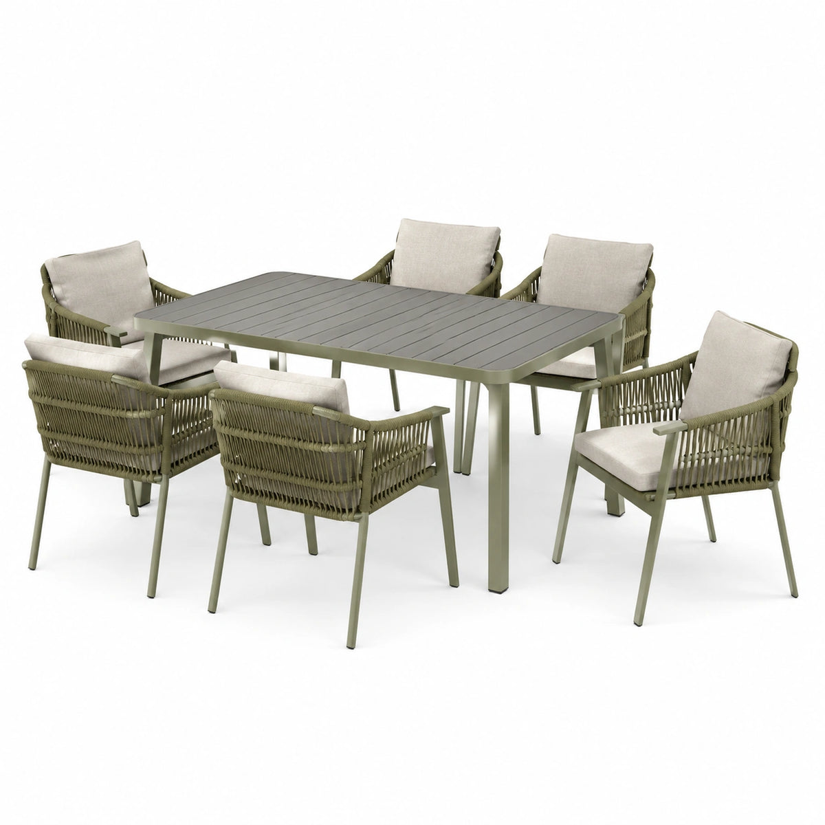 7-teiliges Gartenmöbel-Set mit Tisch 180 × 100 × 75 cm und 6 Armlehnstühlen in Olivgrün und Beige
