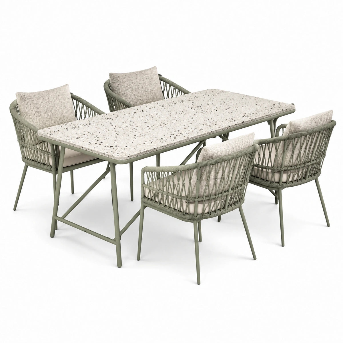5-teiliges Gartenmöbel-Set mit Tisch 180 × 90 × 75 cm und 4 Armlehnstühlen in Olivgrün, Beige, Weiß und Schwarz