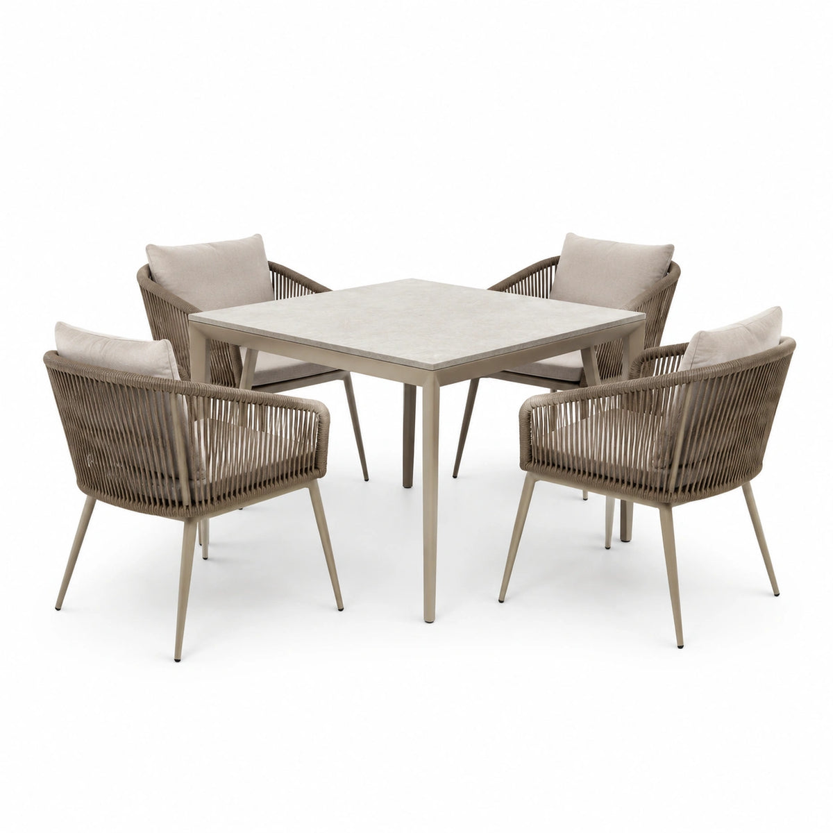 5-teiliges Garten-Esstischset Beige/Taupe mit Seilgeflecht, Tisch 100 × 100 × 75 cm, Sessel 62 × 60 × 78 cm