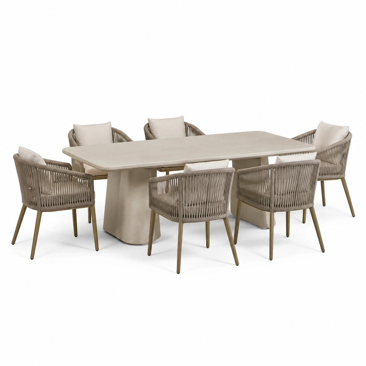 Moderne Garten-Essgruppe mit 6 Seilgeflechtstühlen, Beige/Taupe, 200 × 100 × 75 cm