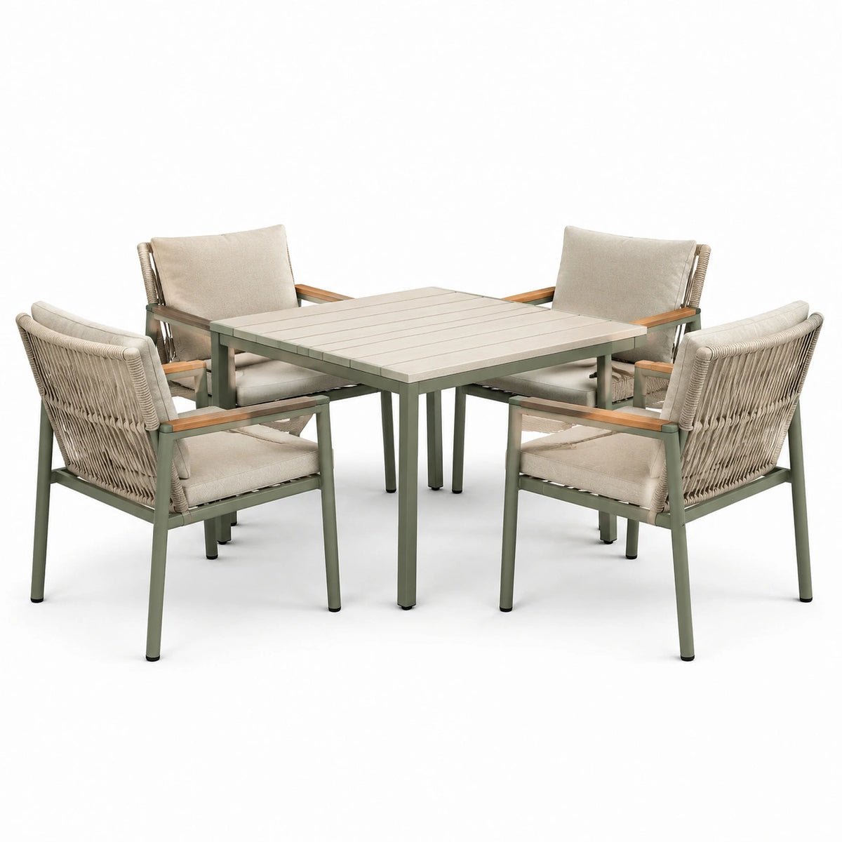 5-teiliges Gartenmöbel-Set, Tisch 90 × 90 × 75 cm und 4 Armlehnstühle 62 × 65 × 82 cm, Beige/Grün/Braun