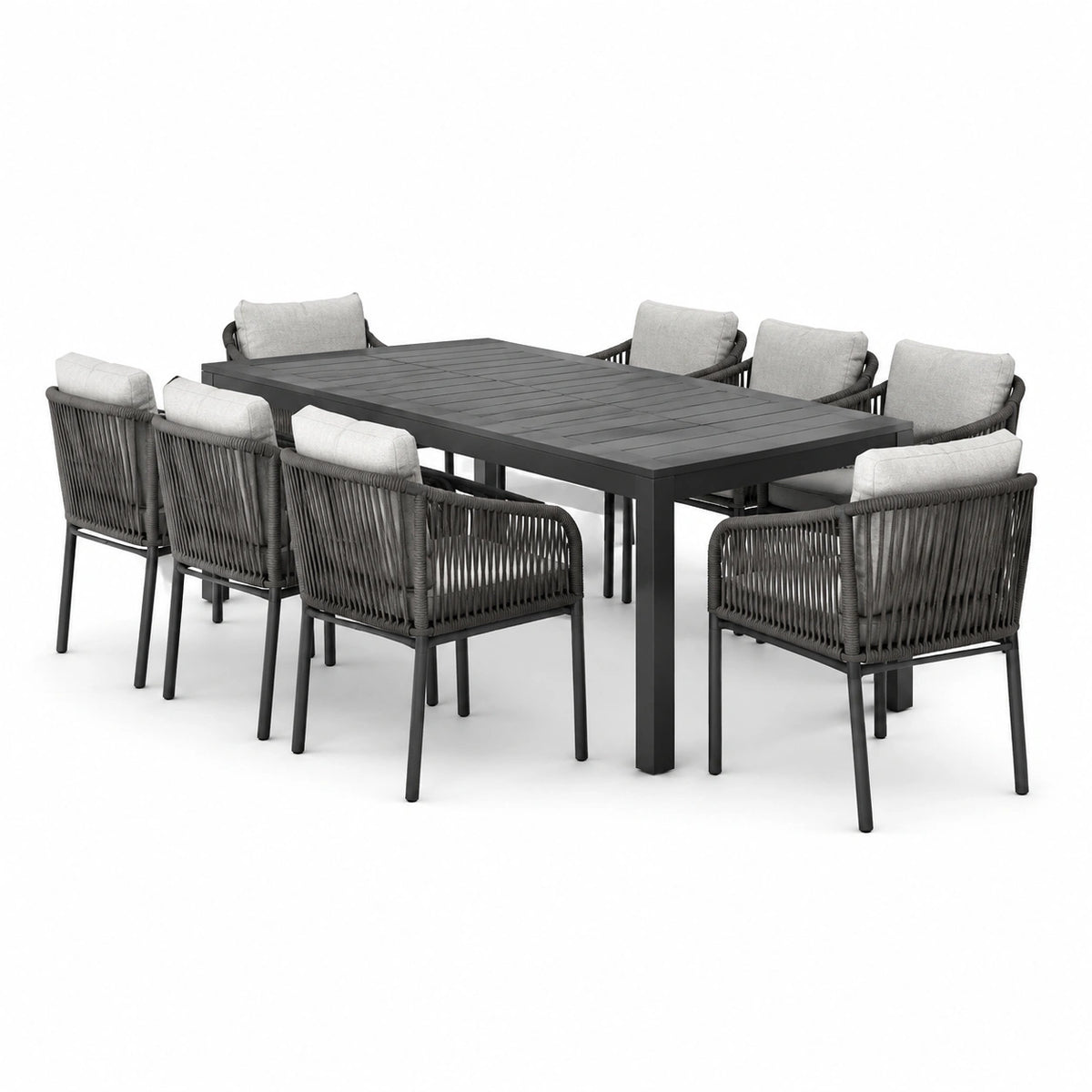 9-teiliges Gartenmöbel-Set mit Aluminium-Esstisch 220 × 100 × 75 cm und 8 Polyrattan-Sesseln in Grau/Anthrazit