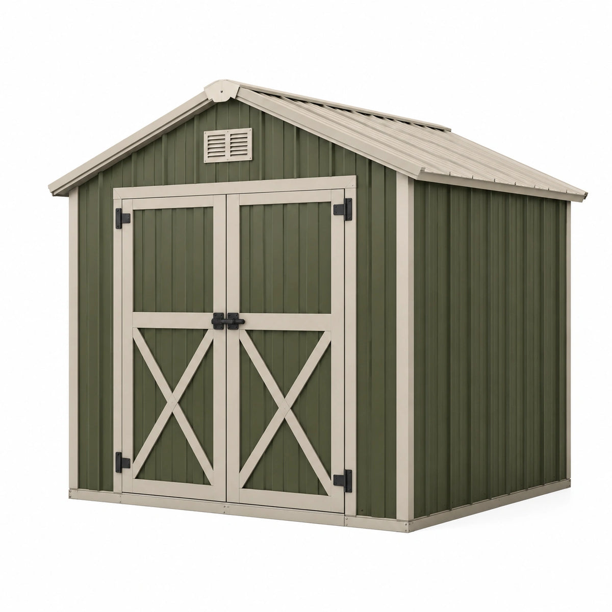 Gartenhaus aus verzinktem Stahl, 213 × 191 × 195 cm, Olivgrün/Beige, mit Doppeltür und Satteldach