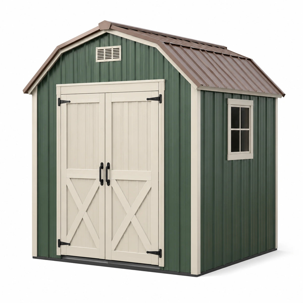 Kunststoff-Gerätehaus 244 × 183 × 226 cm Grün/Beige/Braun mit Doppeltür, Fenster und Satteldach