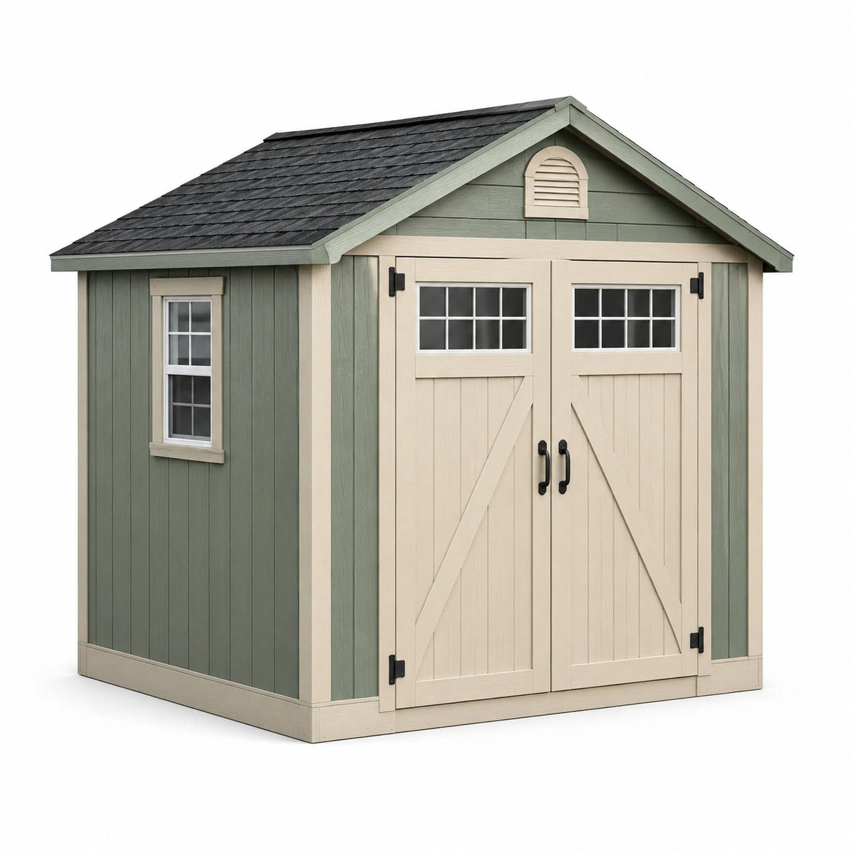 Kunststoff-Gartenhaus in Holzoptik, 210 × 150 × 210 cm, Grün/Beige/Schwarz, mit Doppeltür und Fenstern
