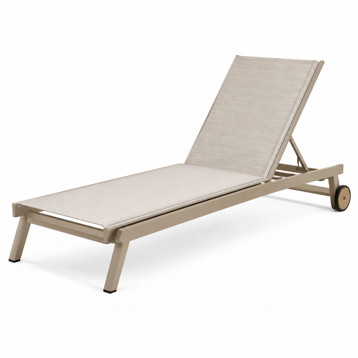 Beige Sonnenliege aus Metall und Textilgewebe, 200 × 70 × 90 cm, mit verstellbarer Rückenlehne und Rollen