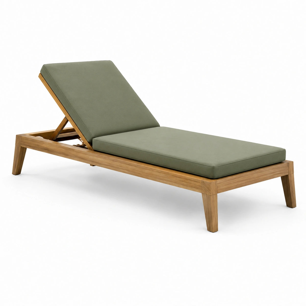 Garten-Sonnenliege aus Holz, 200 × 70 × 35 cm, mit olivgrüner Polsterung und verstellbarer Rückenlehne