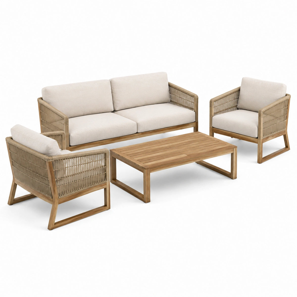 4-teiliges Gartenmöbel-Set aus Holz und Seilgeflecht in Natur/Beige, Zweisitzer 120×70×75 cm, 2 Sessel 70×70×75 cm, Tisch 110×60×45 cm