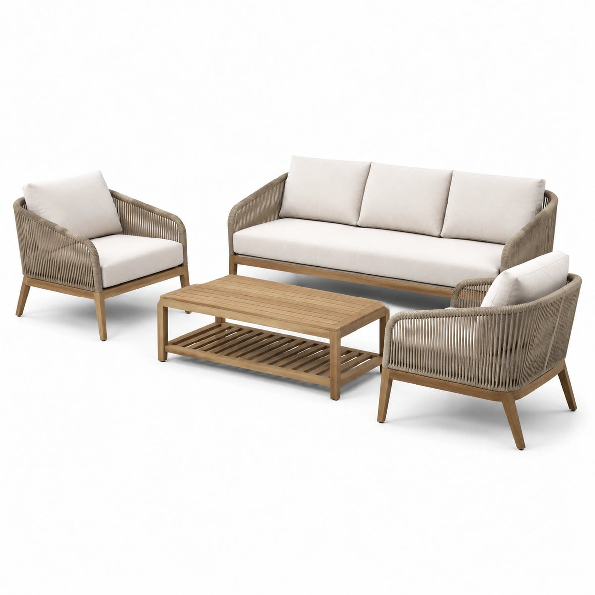 4-teiliges Gartenlounge-Set aus Holz und Seilgeflecht in Beige/Naturbraun – 3-Sitzer 210 x 80 x 78 cm, Sessel 82 x 80 x 78 cm, Tisch 120 x 60 x 45 cm