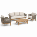 4-teiliges Holz-Set mit Seilbespannung, Naturholz/Beige/Grau, Sofa 218 × 82 × 78 cm