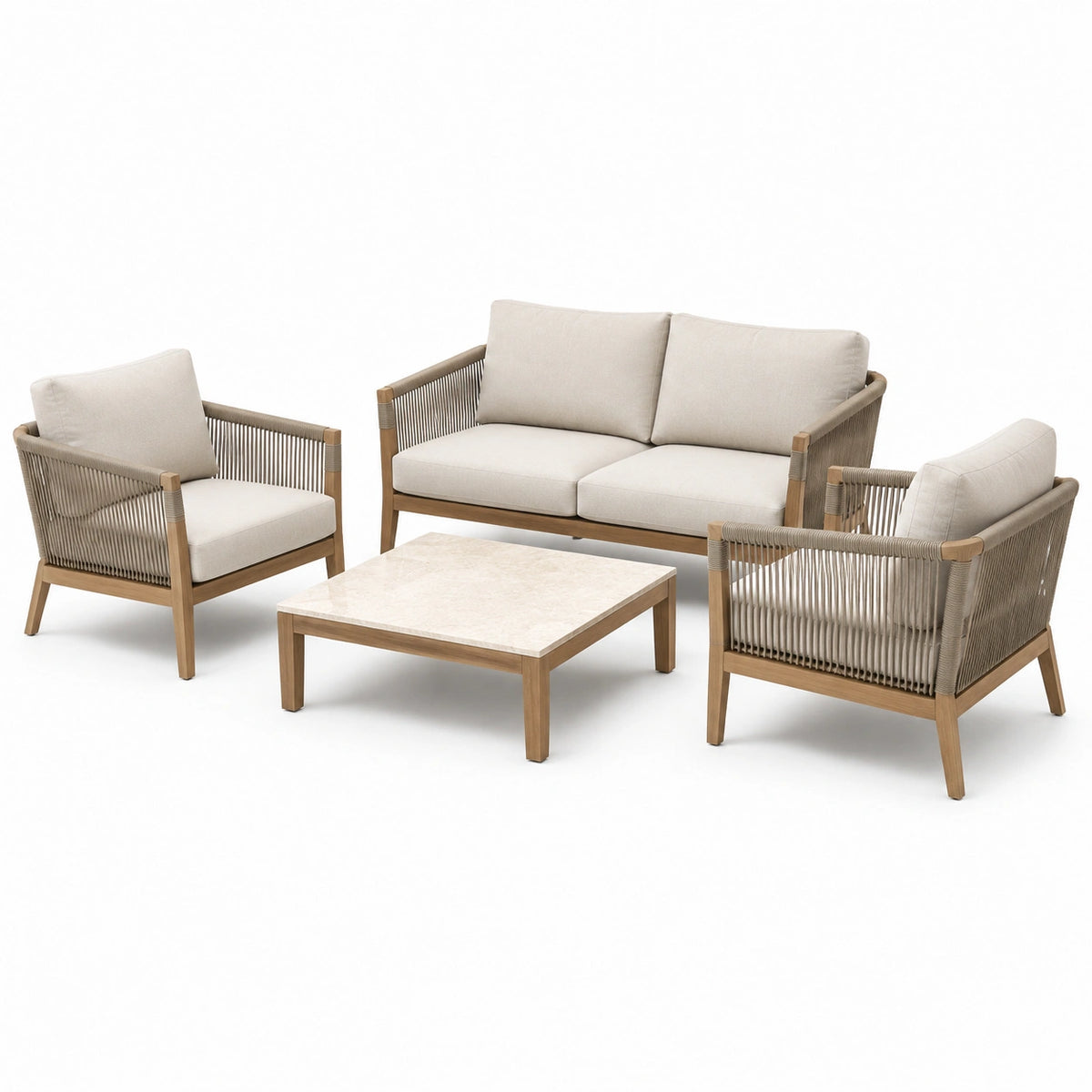 4-teiliges Garten-Loungeset aus Naturholz mit Seilgeflecht, Beige/Naturholz/Creme, Zweisitzer 140 × 75 × 78 cm