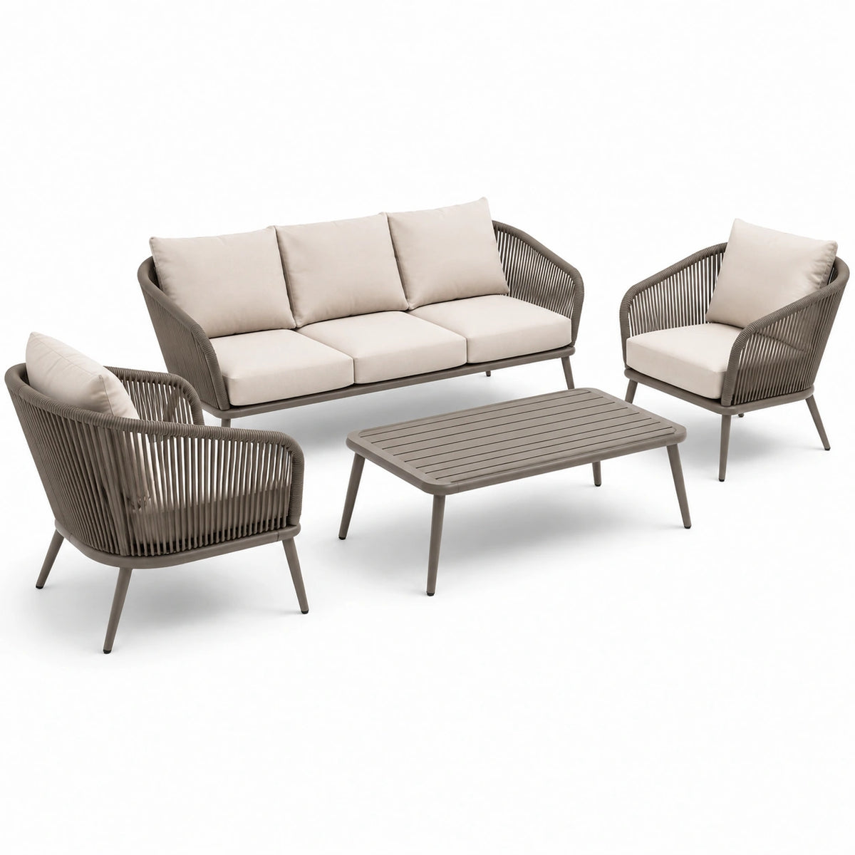 4-teiliges Gartenset in Taupe und Beige mit Sofa 210 × 80 × 76 cm, 2 Sesseln und Tisch 120 × 65 × 42 cm