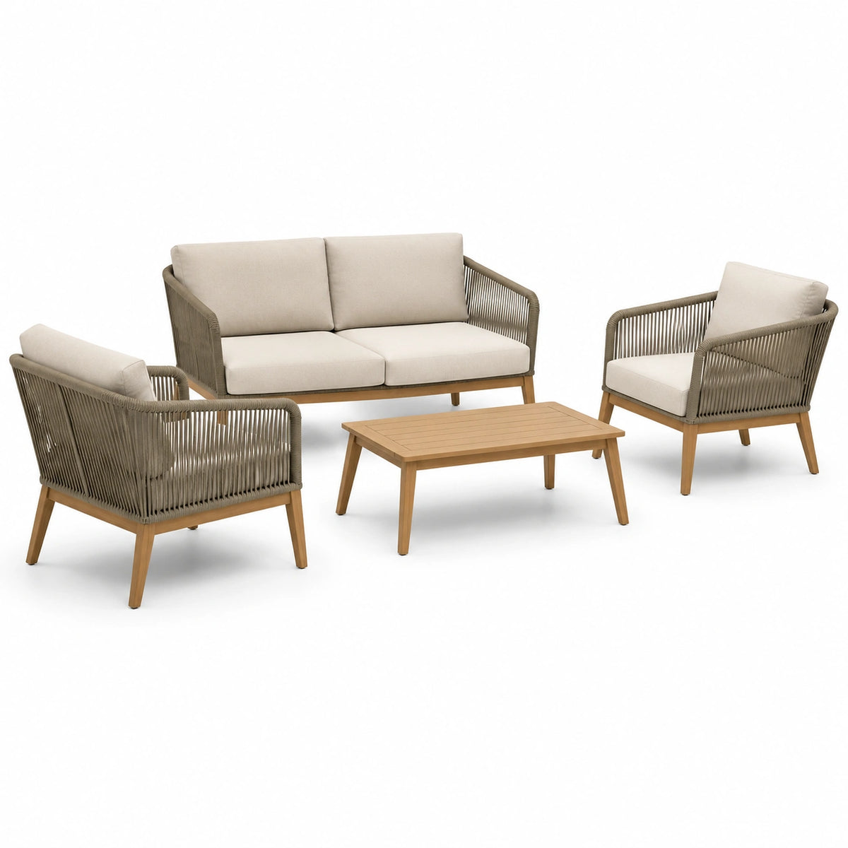 4-teiliges Lounge-Set aus Holz und Seilgeflecht, Beige/Taupe/Naturholz, Zweisitzer 145 × 75 × 78 cm