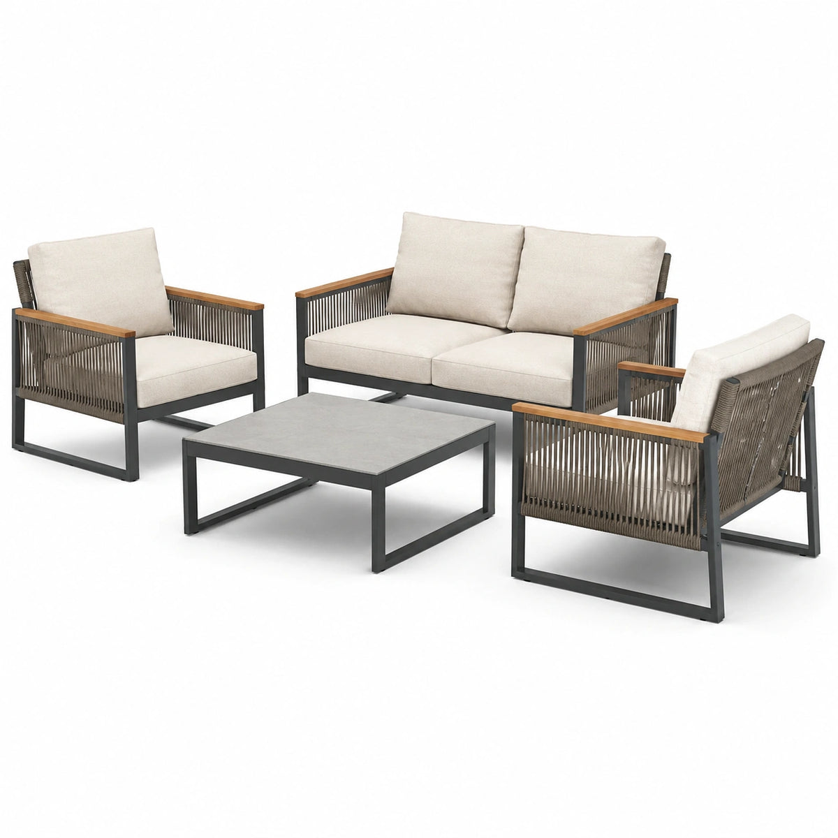 4-teiliges Gartenlounge-Set Beige/Anthrazit/Braun mit 2-Sitzer 145 × 75 × 75 cm, 2 Sesseln 75 × 75 × 75 cm und Tisch 120 × 60 × 42 cm