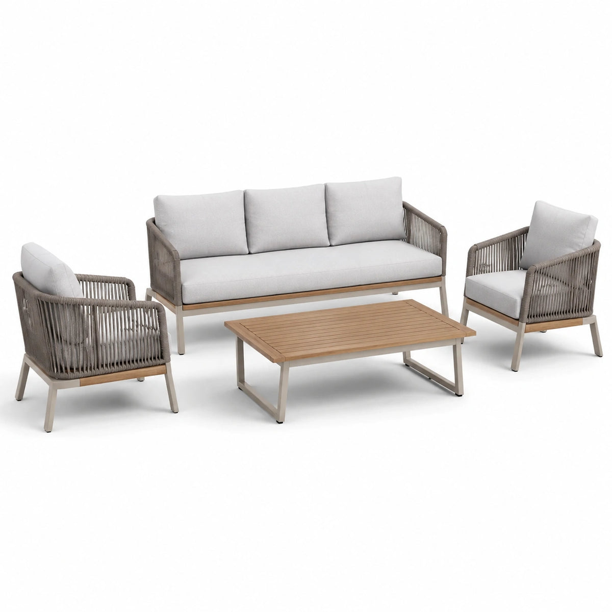 4-teiliges Lounge-Set in Grau, Taupe und Hellbraun, 3-Sitzer 210 × 80 × 75 cm, Sessel 75 × 80 × 75 cm, Tisch 120 × 60 × 42 cm