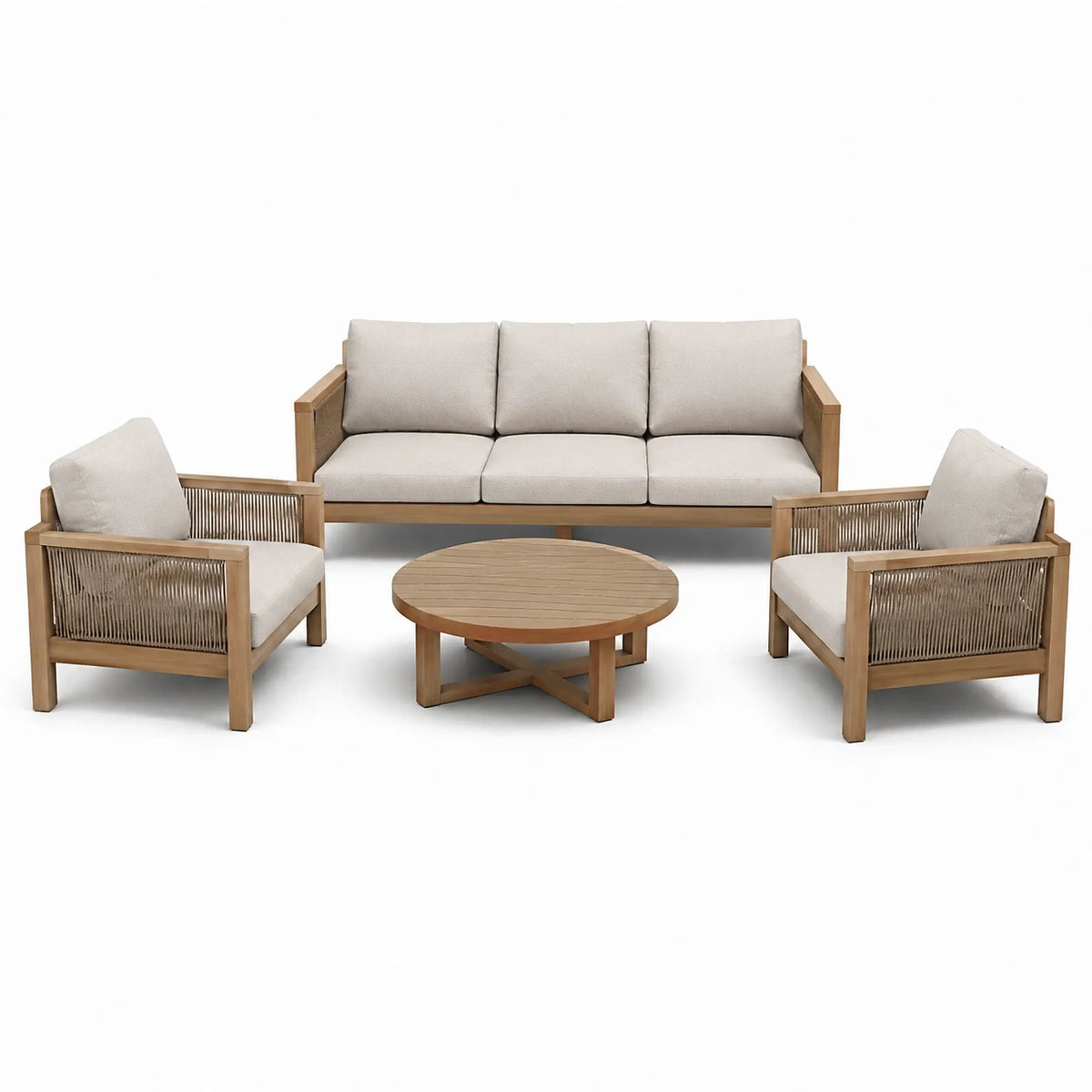 4-teiliges Loungeset aus Holz in Natur/Beige mit 3-Sitzer, 2 Sesseln und rundem Tisch, Sofa 210 × 78 × 78 cm